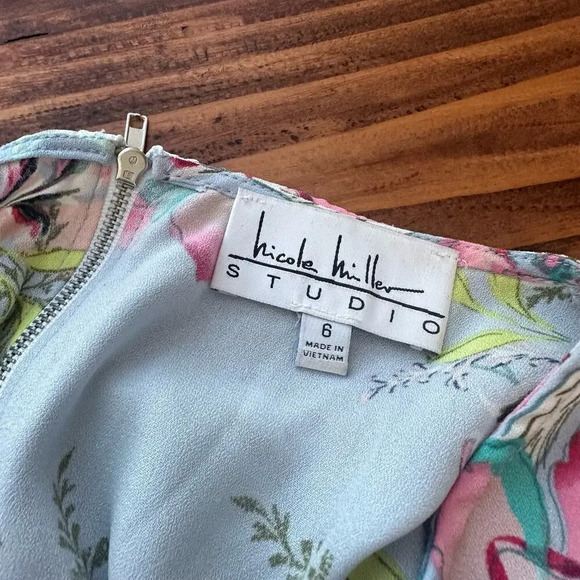 Nicole Miller Light Blue Floral Sleeveless Swing Drop Waist Dress Size 6 - Picture 4 of 12